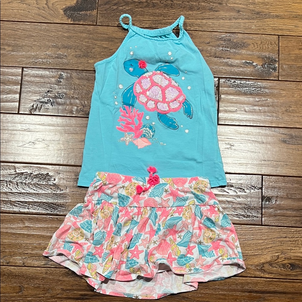 Isaac Mizrahi Girls Turquoise Top and Pink Sea Life Skirt Set size 7/8